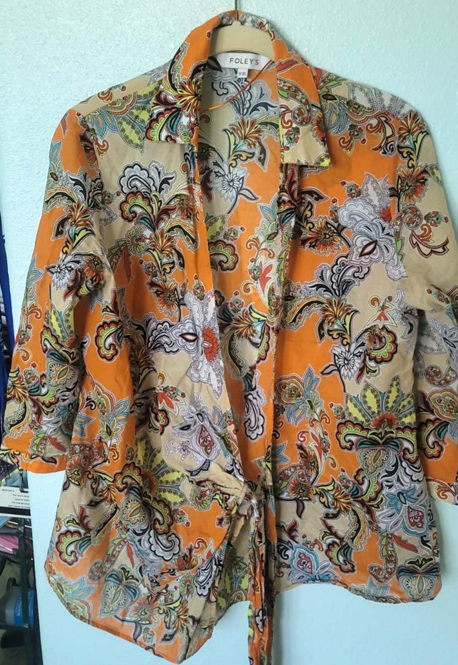 Foley's Women's M Paisley Tie-Front Crop Shirt - Orange Cotton Boho Chic Hippie